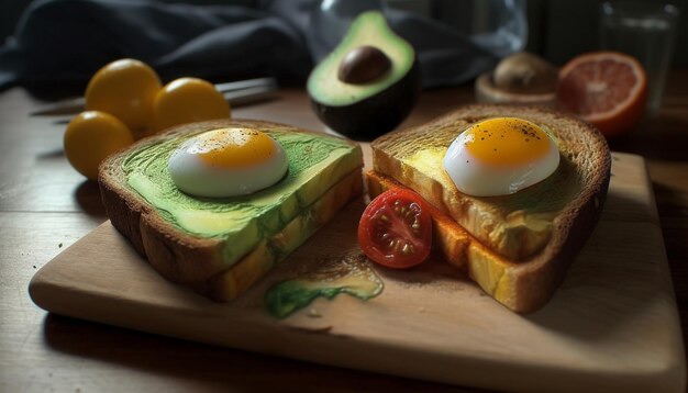 Fresh avocado sandwich on toasted bread a healthy gourmet meal generated by artificial intelligence
