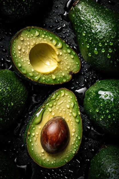 Fresh Avocado seamless background adorned with glistening droplets of water