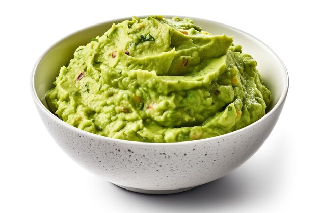 Photo fresh avocado with guacamole bowl isolated on white background generative ai