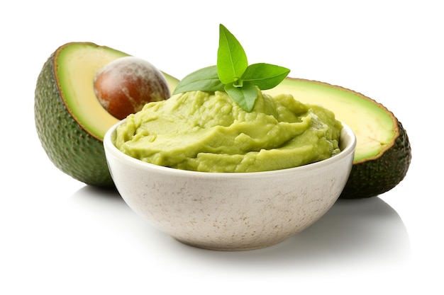 Fresh avocado with guacamole bowl isolated on white background Generative Ai