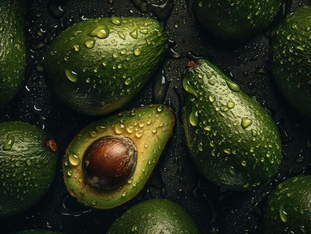 Fresh avocado with water drops Close up