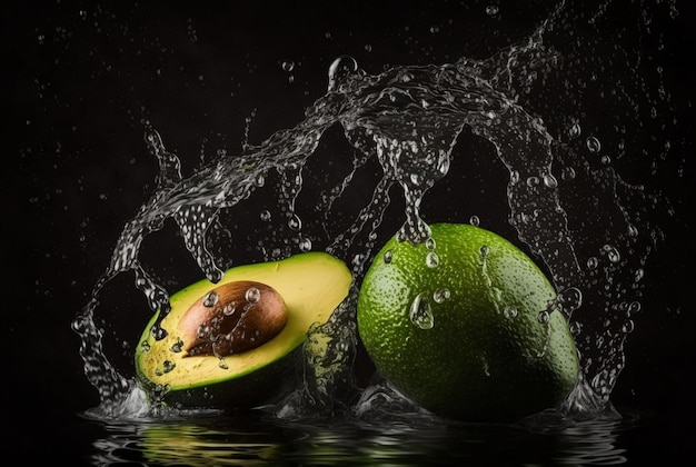 Fresh avocado with water splash isolated on black background generative ai