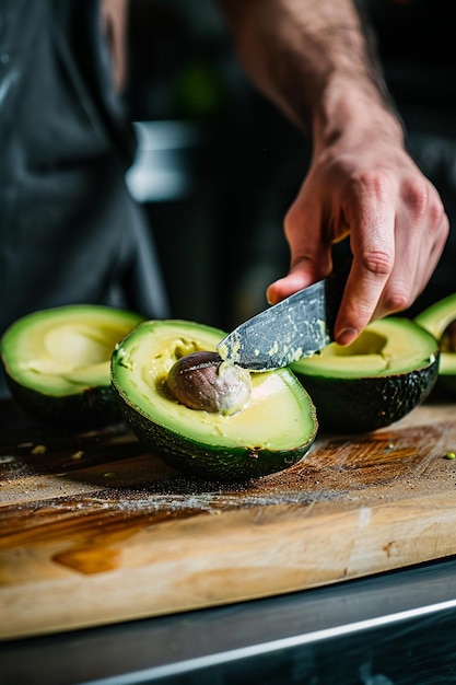 fresh avocado on a wooden board closeup top view