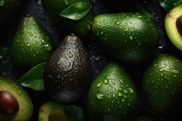 Fresh avocados with drops of water and oil on a dark background Photorealistic illustration generative AI