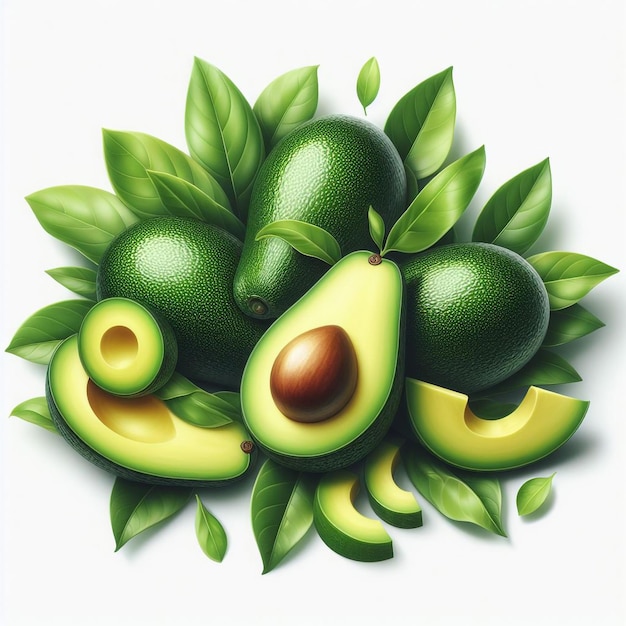 Photo fresh avocados with leaves on a full white background