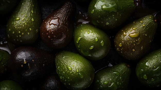 Fresh avocados with water splashes and drops on black background