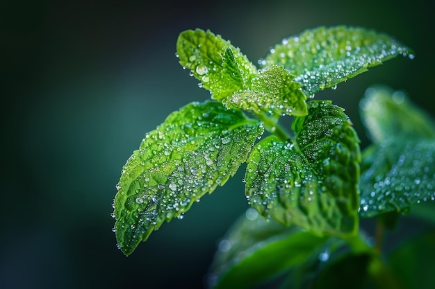 A Fresh Awakening A Sprig of Mint Glistening with Morning Dew as the First Light of Spring