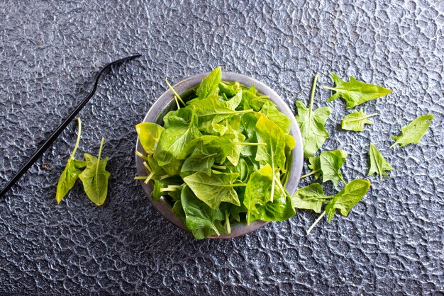 Fresh baby spinach leaves in bowl on dark background