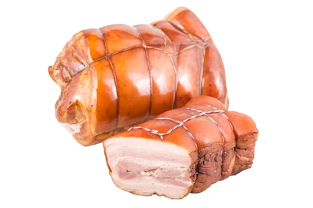 Fresh bacon, meat pig, bacon, wild boar, in plastic packaging, isolated on white background