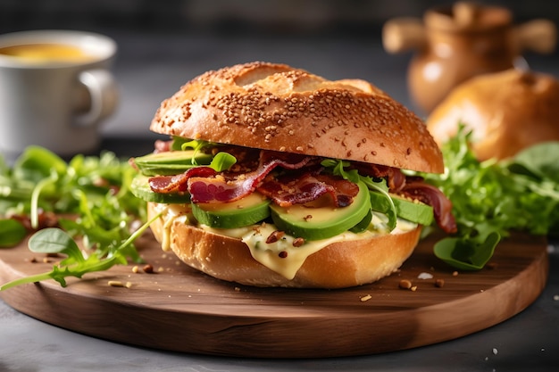 Fresh bagel with bacon avocado cheese and green salad on wooden plate close up on dark background AI generated