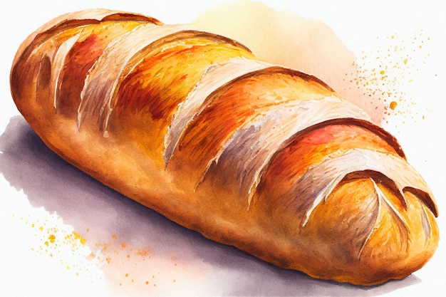 Fresh baguette bread watercolour illustration Ai generative