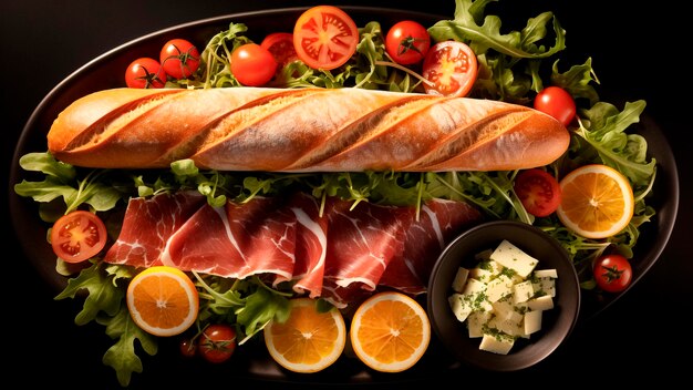 Foto baguette fresche gourmet con prosciutto e verdure biologiche arte culinaria delizioso regalo