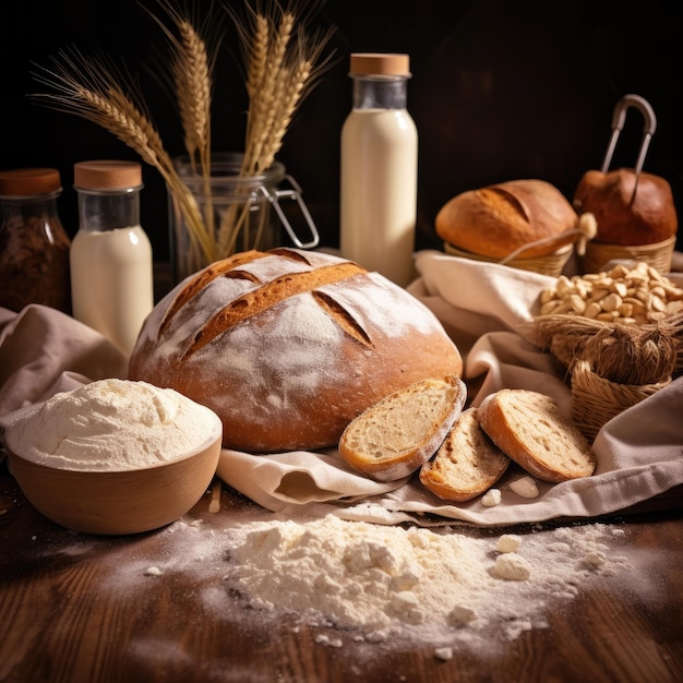 Fresh baked artisan sourdough bread on a rustic wood table Generative AI