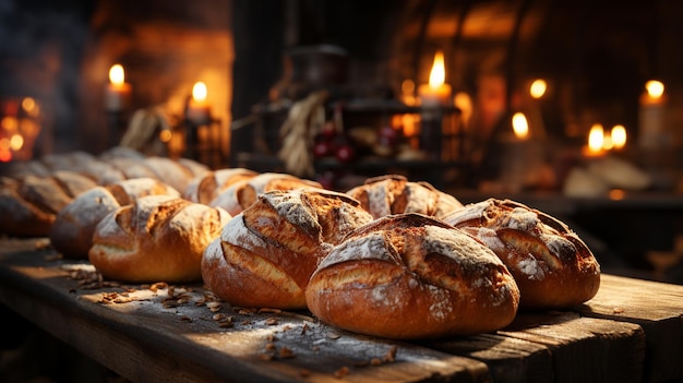 fresh baked bread on wooden table in the kitchen