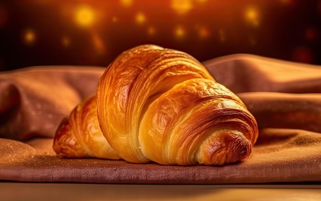 Fresh baked croissants on table on blurred bokeh light background