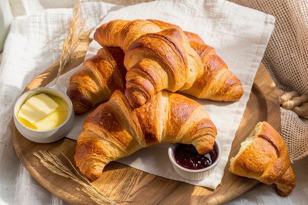Fresh baked croissants on wooden background