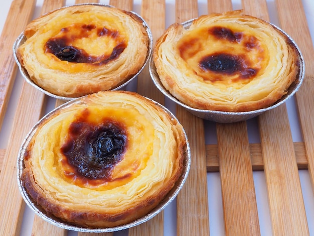 Fresh baked egg tarts or custard tarts isolated on a wooden background