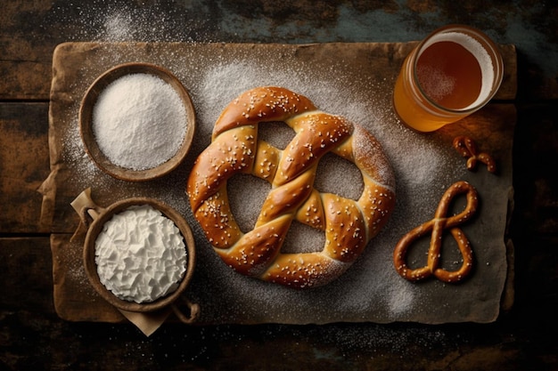 Fresh baked homemade pretzel with sea salt on stone table