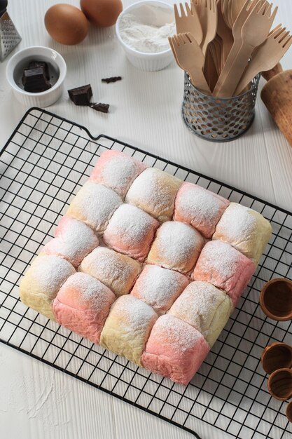 Fresh Baked Japanese Soft and Fluffy Bun Bread, Popular as Hokaido Milk Bread  with Pastel Colours