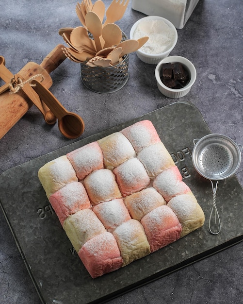 Fresh Baked Japanese Soft and Fluffy Bun Bread, Popular as Hokaido Milk Bread  with Pastel Colours