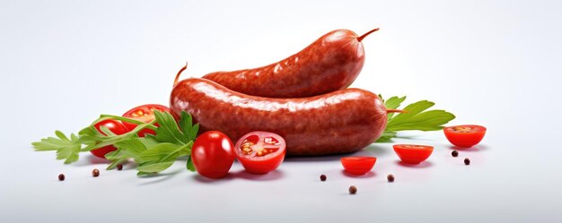 Fresh baked juicy sausage on a white background Generative AI