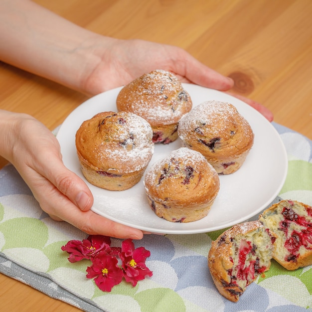 Fresh baked muffins or cupcakes powdered with sugar on dish