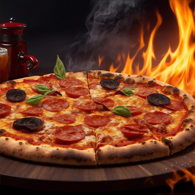 Fresh baked pizza closeup traditional wood fired oven background Generative AI