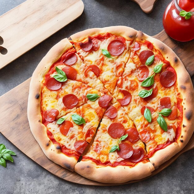 Fresh baked pizza on rustic wooden table