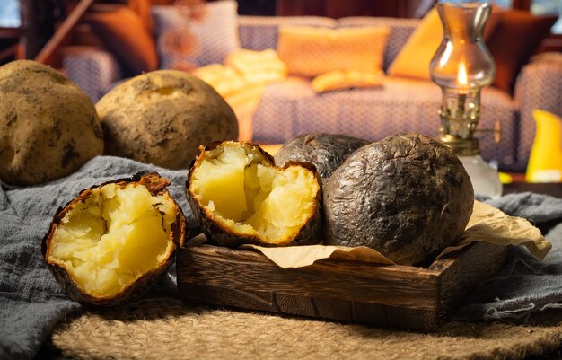 Fresh baked potatoes on a dark background