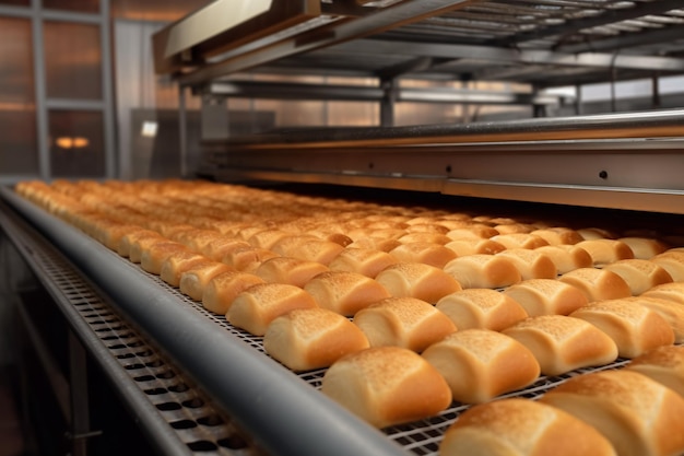 fresh bakery on the conveyer line on bakery factory