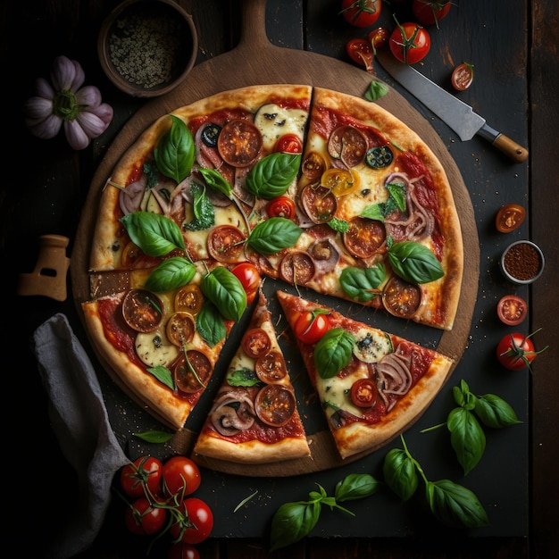 焼きたての自家製ピザ ハム チーズ トマト バジルを木製のテーブル背景 h の上に紙を焼く