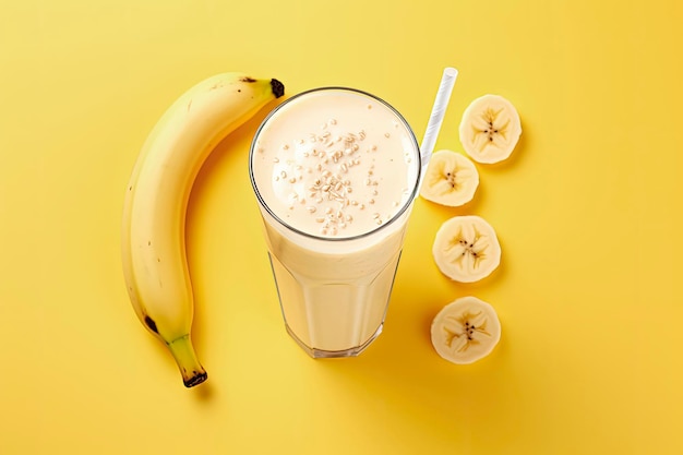 Premium Photo | Fresh banana smoothie in glass on yellow background top ...