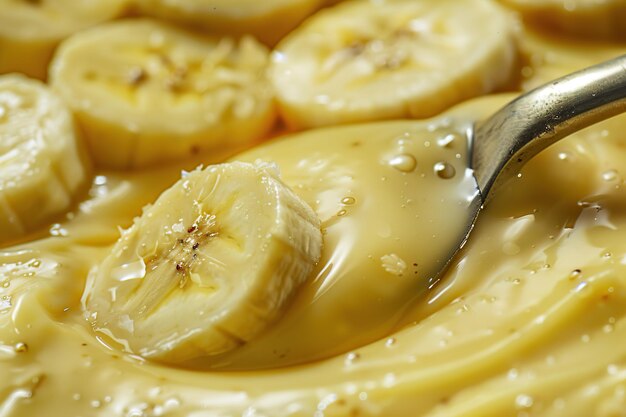 fresh bananas puree on a spoon closeup