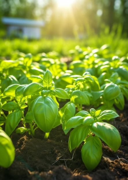 Fresh basil in the field Growing plants Generative AI