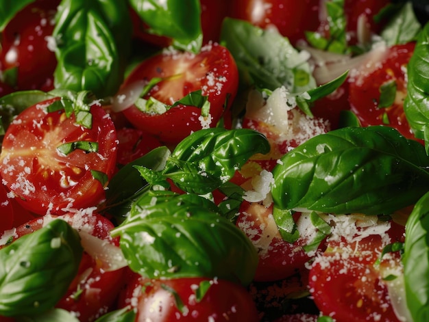 Fresh basil leaves being delicately sprinkled over a vibrant salad of cherry tomatoes creating a mouthwatering and colorful dish