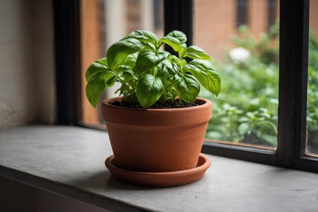 Fresh basil plant in terracotta pot by window