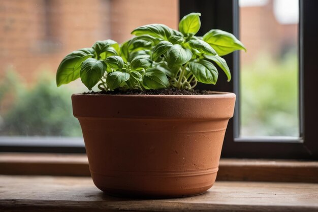 窓のそばのテラコッタのポットに新鮮なバジル植物