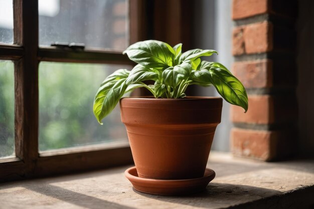 窓のそばのテラコッタのポットに新鮮なバジル植物