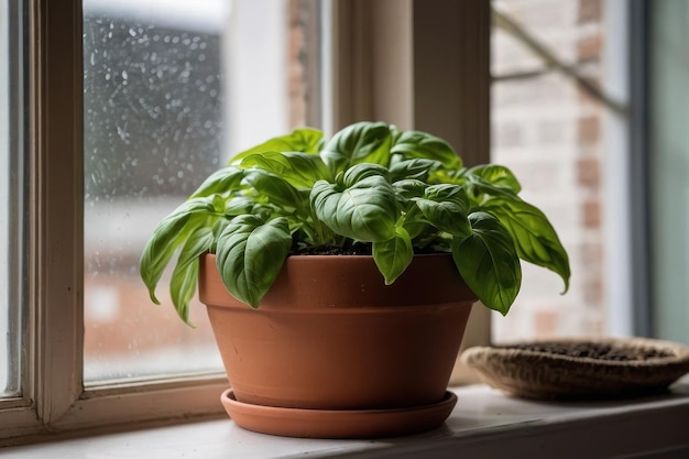 窓のそばのテラコッタのポットに新鮮なバジル植物