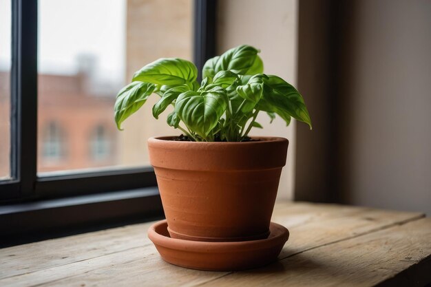 窓のそばのテラコッタのポットに新鮮なバジル植物