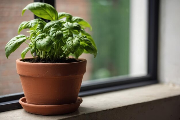 窓のそばのテラコッタのポットに新鮮なバジル植物