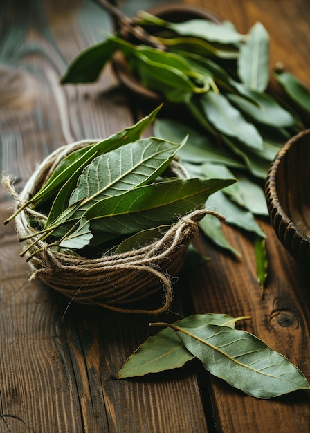 Fresh bay leaves in basket on wooden table