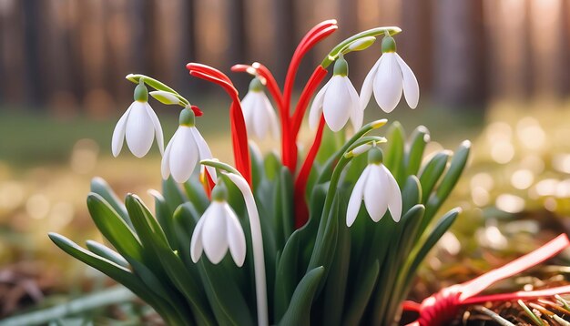 Fresh beautiful bouquet first spring forest snowdrops flowers with red and white cord martisor