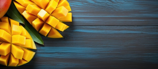 Fresh And Beautiful Mango Fruit With Sliced Diced Mango Chunks On A Light Blue Background Copy