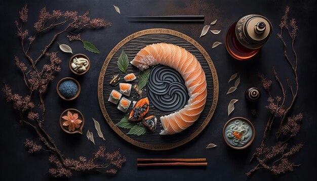 Fresh Beautiful Sushi Setup с лососем маки и таинственными ингредиентами