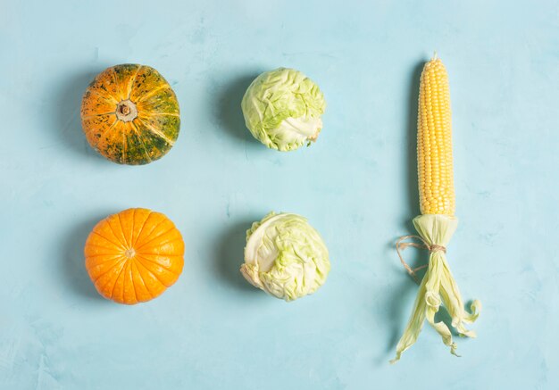 Fresh beautiful vegetables on a blue surface