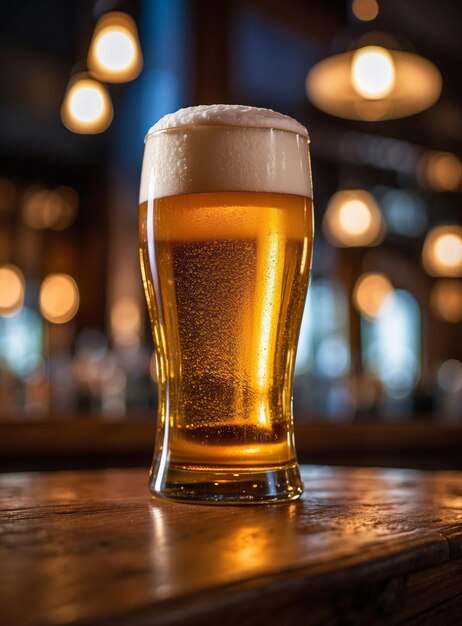 Fresh beer pint on wooden bar counter