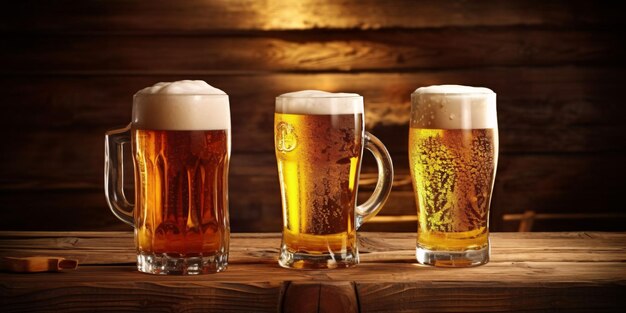 Fresh beer in various glass cups on a wooden table generative ai