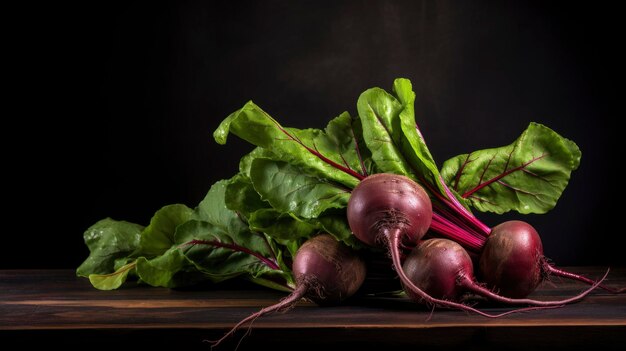 Photo fresh beetroot with leaves on a black background healthy food free space for your text