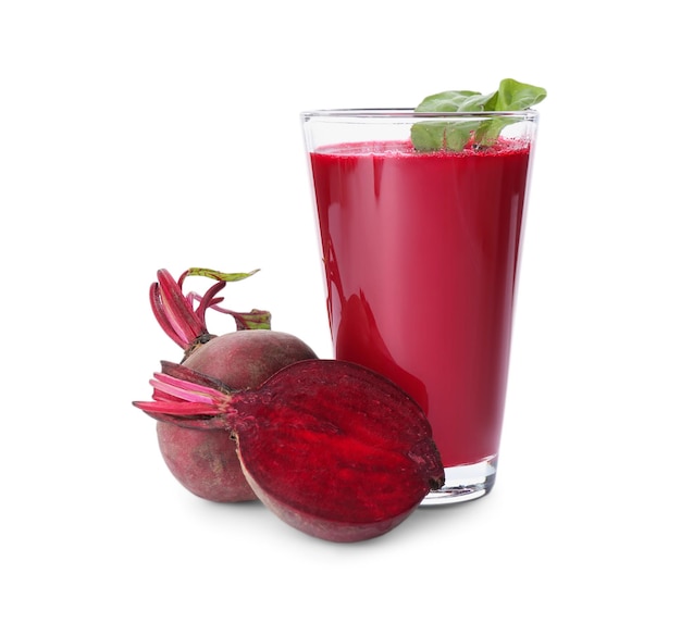 Fresh beets and juice isolated on white